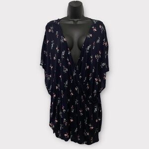 H&M Navy Blue Floral Faux Wrap Short Sleeve Top Size XL